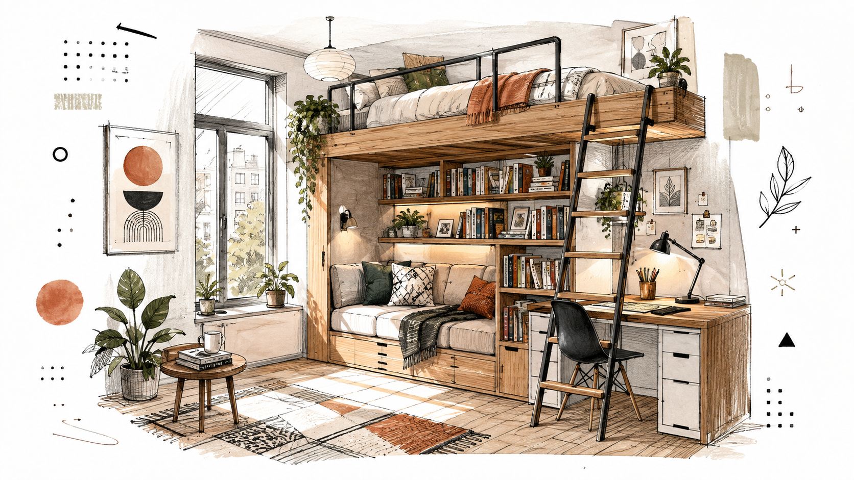 A cozy, stylish loft bed design featuring a built-in sofa, bookshelves, and a desk in a room.