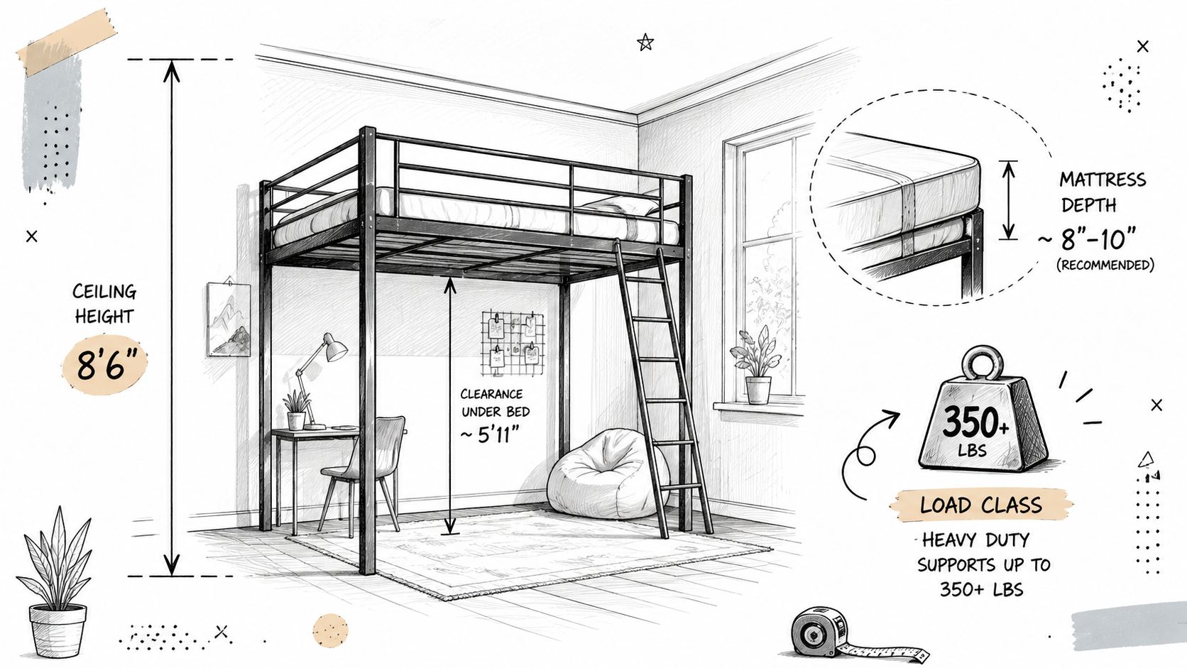 A line art illustration showing a metal loft bed with specifications for ceiling height and bed clearance.