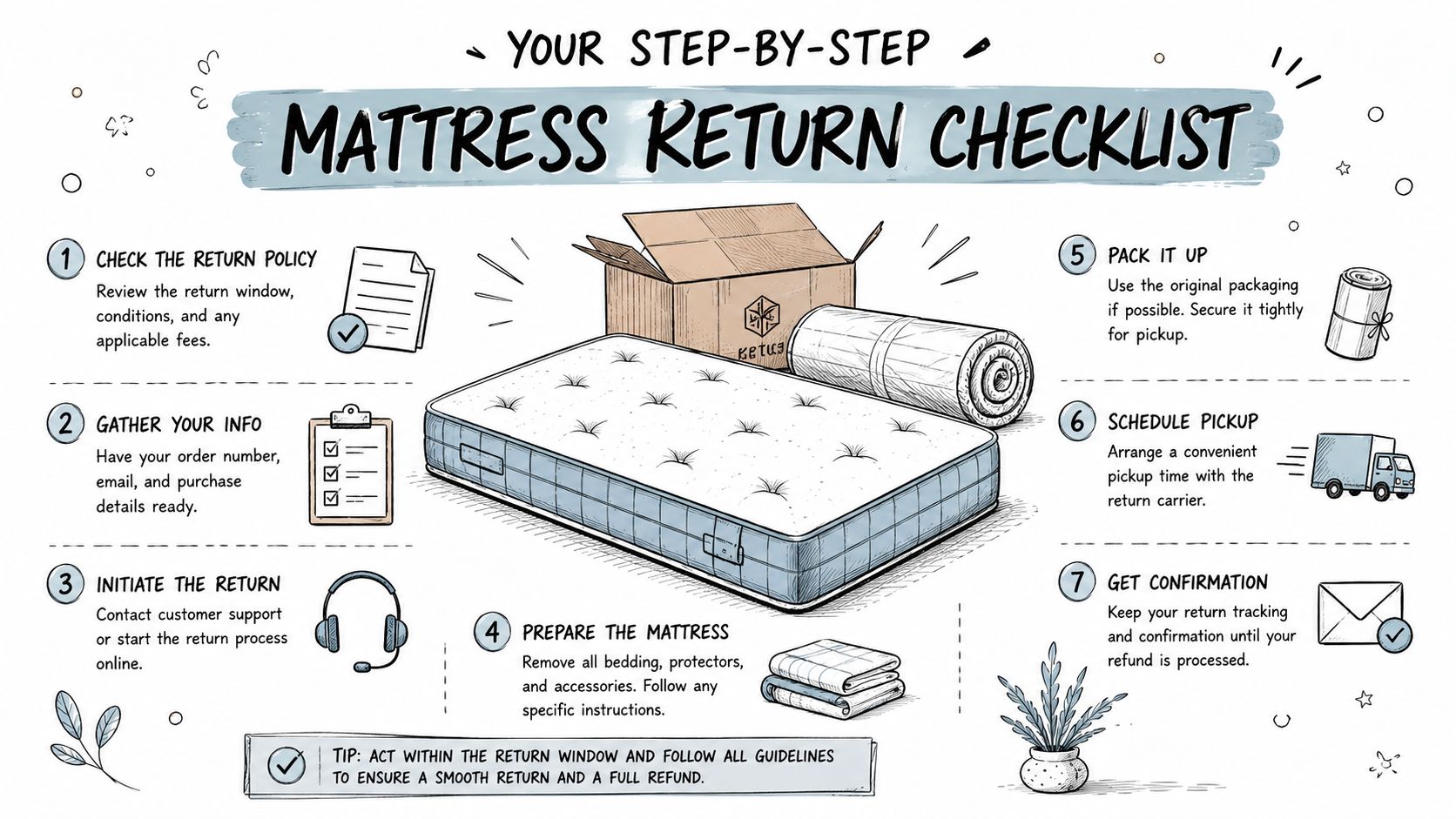 An illustrated step-by-step infographic showing how to return a mattress, including checking policies and scheduling pickup.