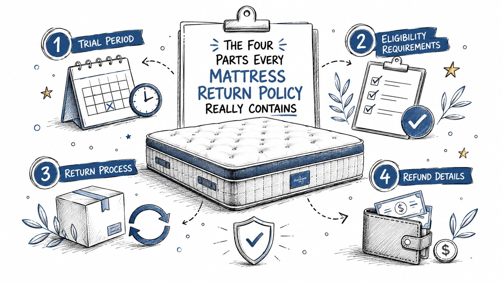 An infographic illustrating the four essential parts of a mattress return policy using hand-drawn style icons.