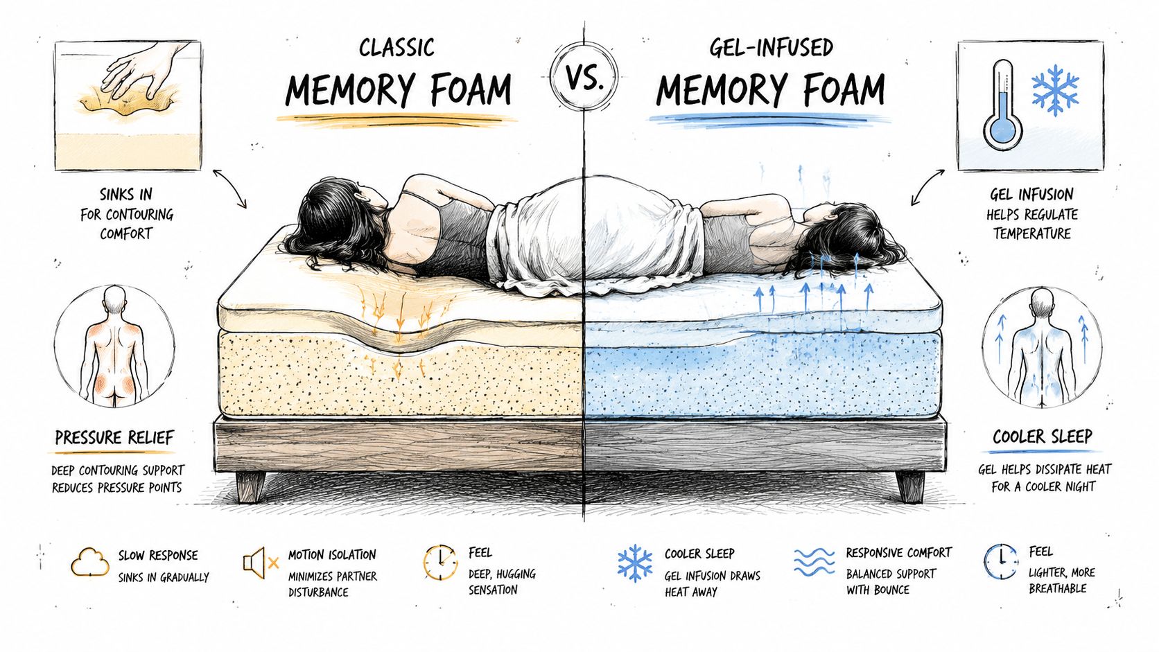 An infographic comparing classic memory foam and gel-infused memory foam mattresses for better sleep comfort and support.