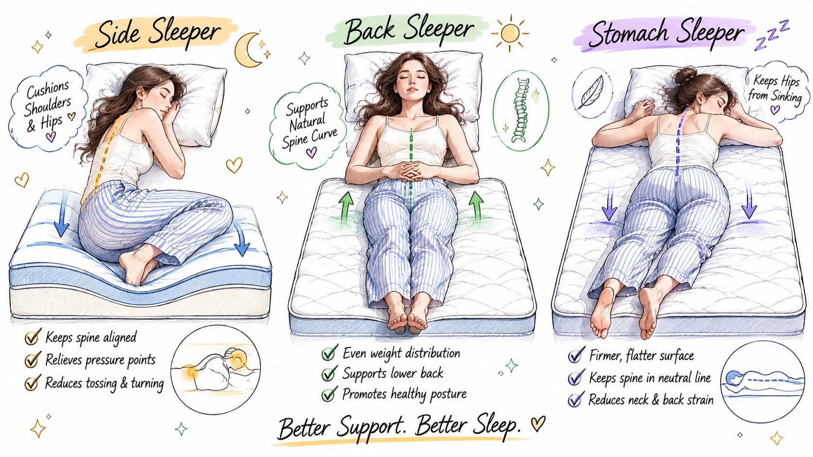 An illustrative guide comparing sleep positions on mattresses for side, back, and stomach sleepers for proper alignment.