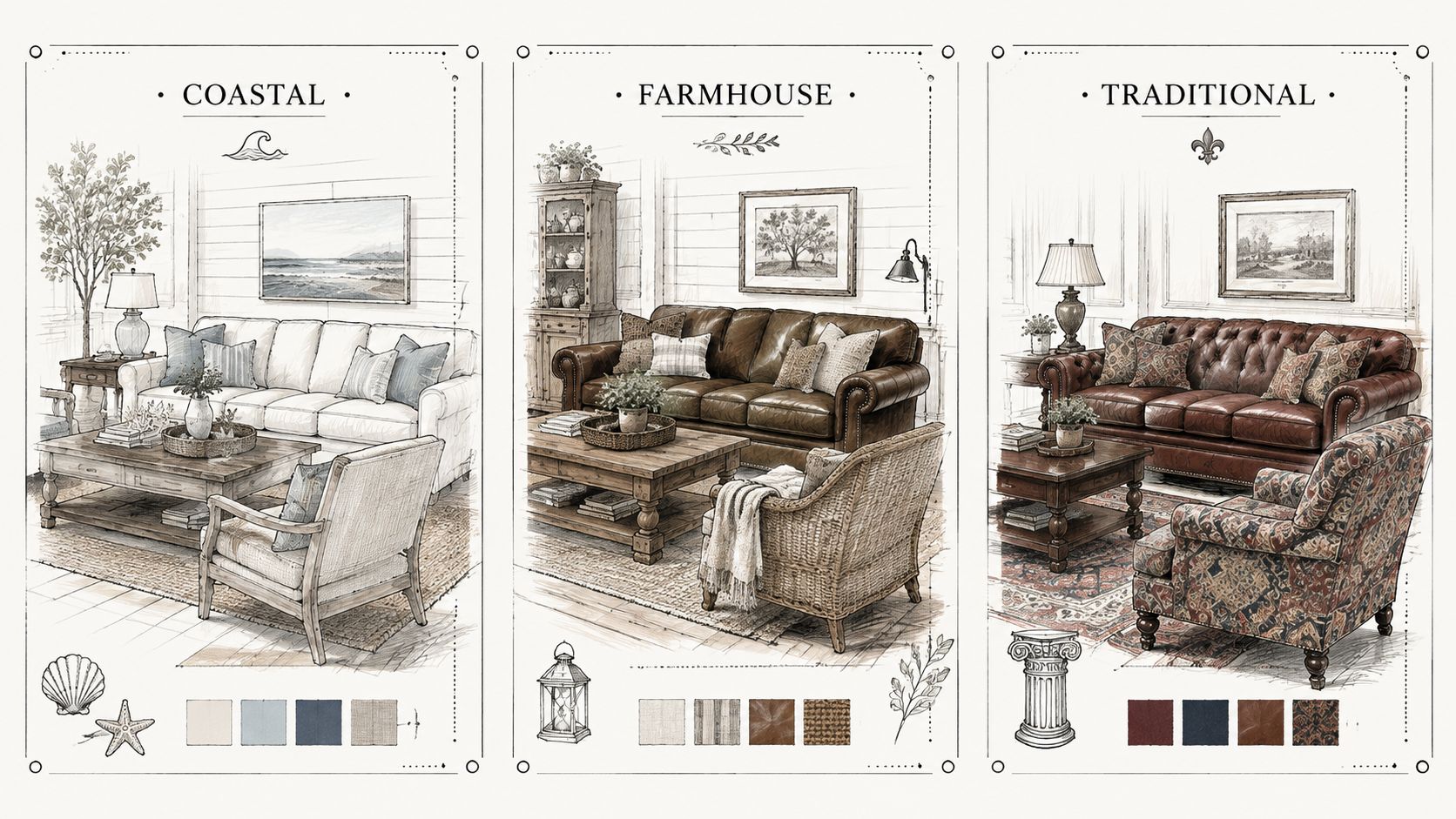 A design comparison sketch showing coastal, farmhouse, and traditional living room furniture layouts with leather and cloth.
