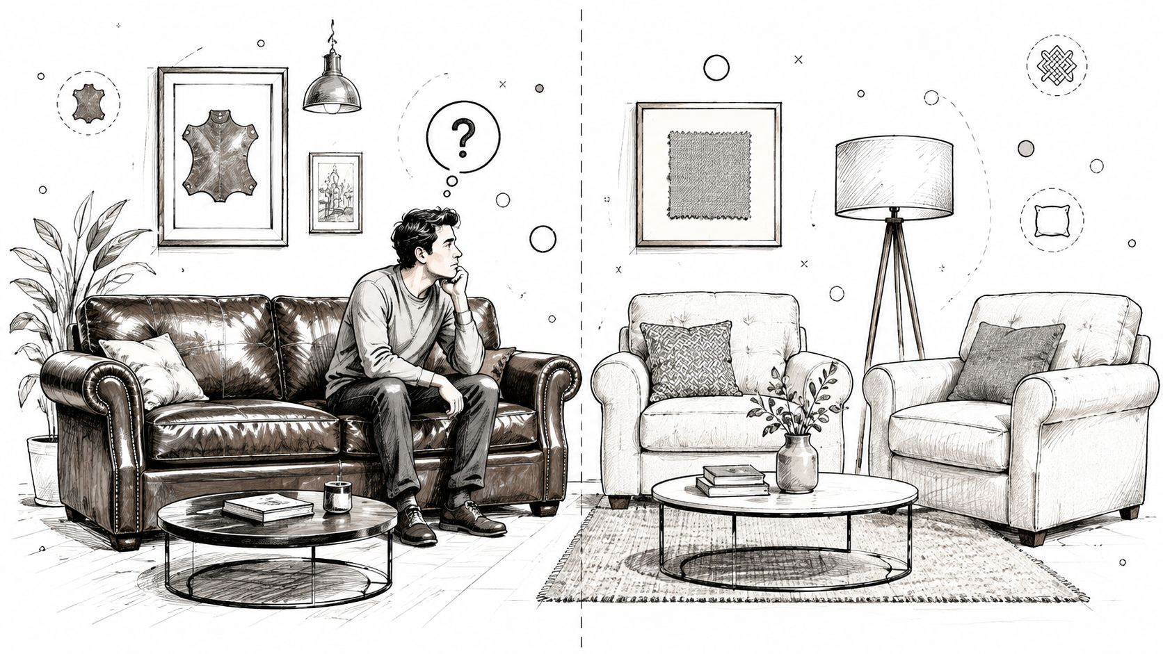 A man sits on a leather sofa pondering design choices compared to a room with fabric furniture.
