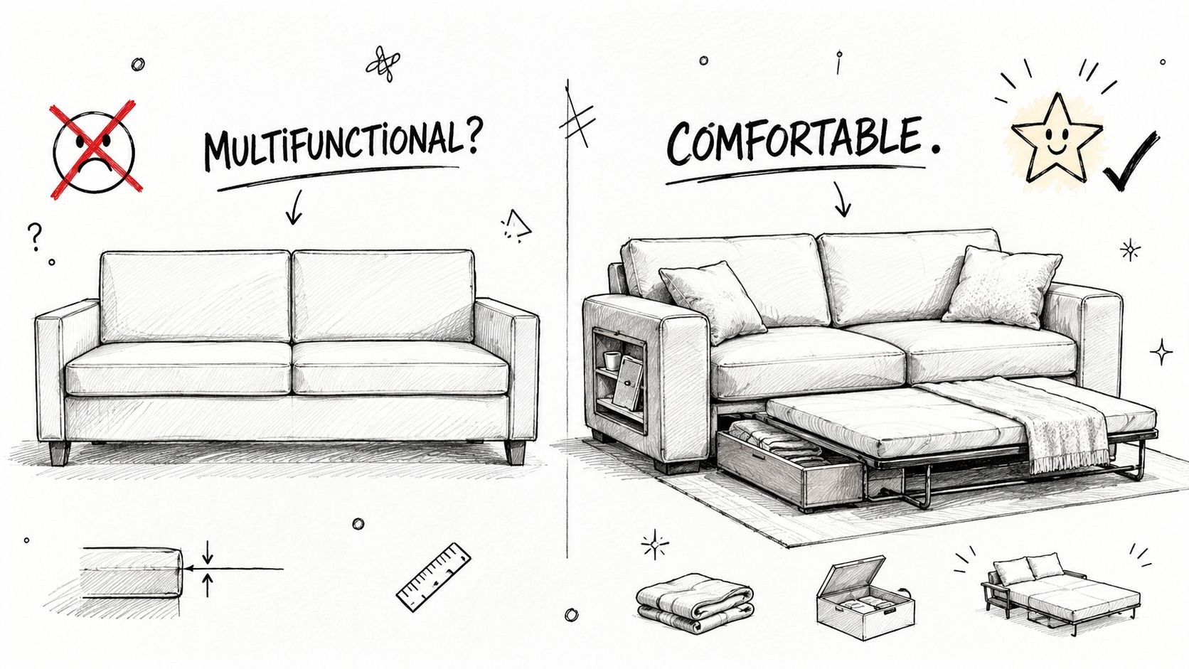 A comparison sketch of a plain sofa versus a multifunctional sofa bed with storage and shelving features.