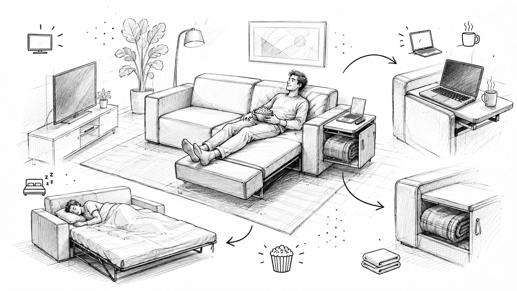 A sketched illustration demonstrating a multifunctional sofa that converts into a bed with integrated storage and table.
