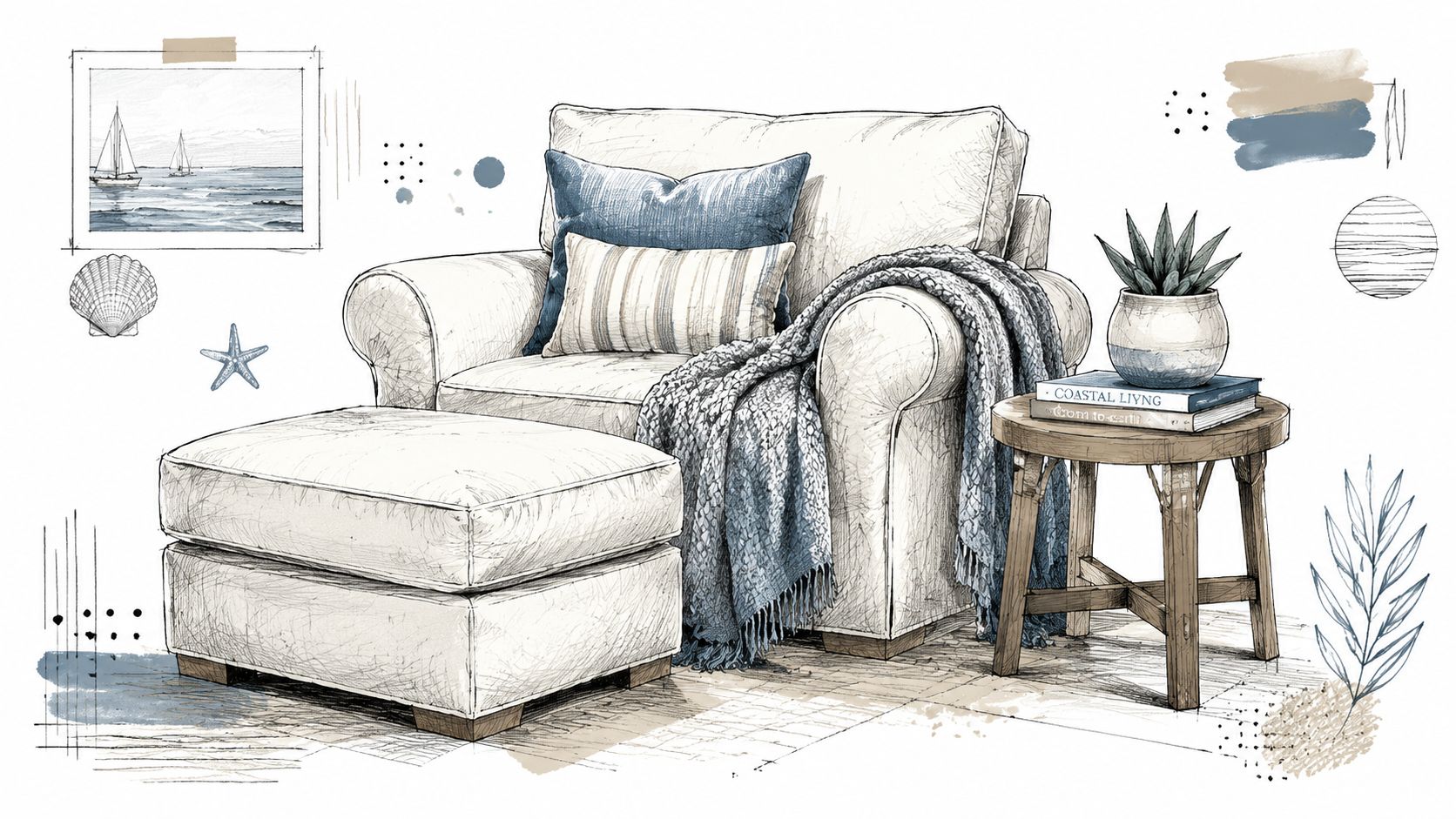 A sketched coastal style oversized chair with an ottoman and a side table, featuring blue decor elements.