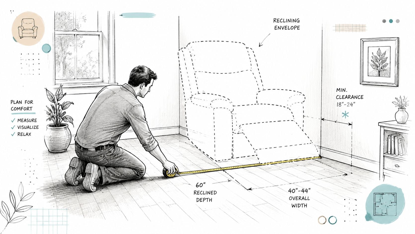 A man measuring floor space for a reclining chair in a living room using a tape measure.