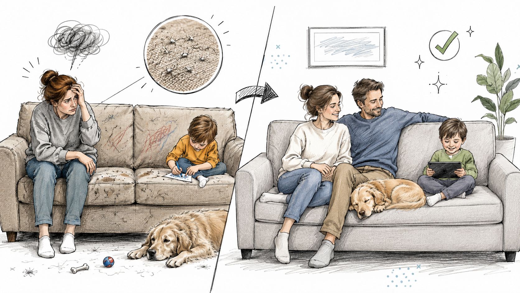 A split image comparing a dirty, stained sofa versus a clean, comfortable sofa with a happy family.