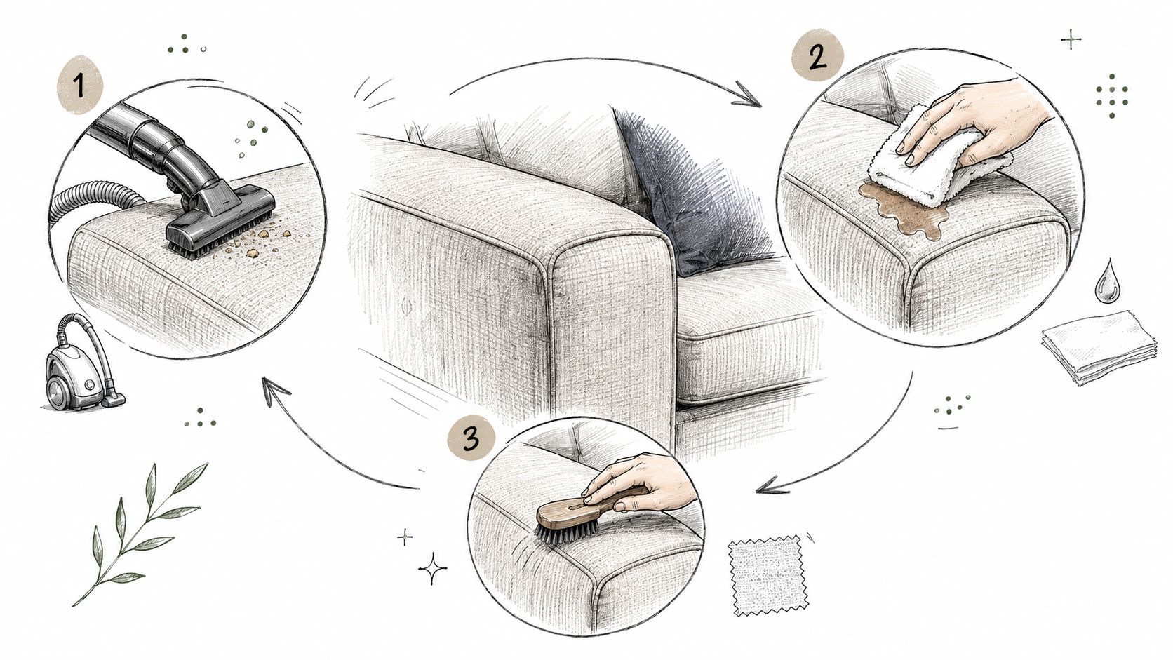 An instructional diagram showing three steps for cleaning a performance fabric sofa using a vacuum, cloth, and brush.