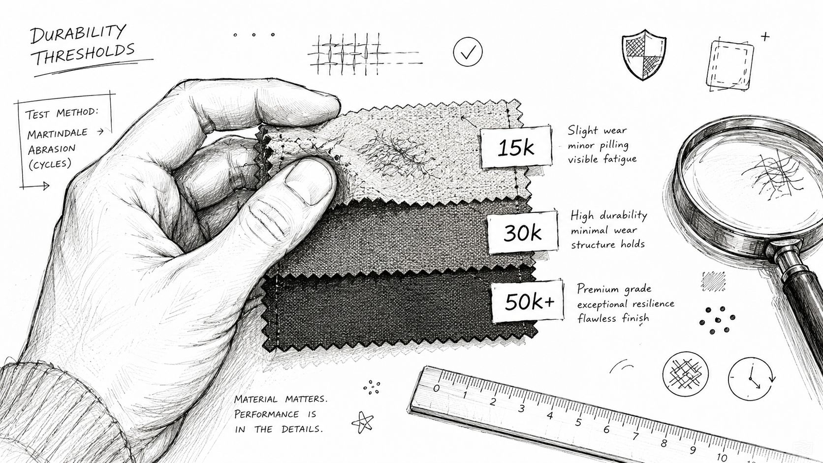 A detailed pencil sketch explaining fabric durability thresholds with Martindale abrasion test cycles for performance upholstery materials.