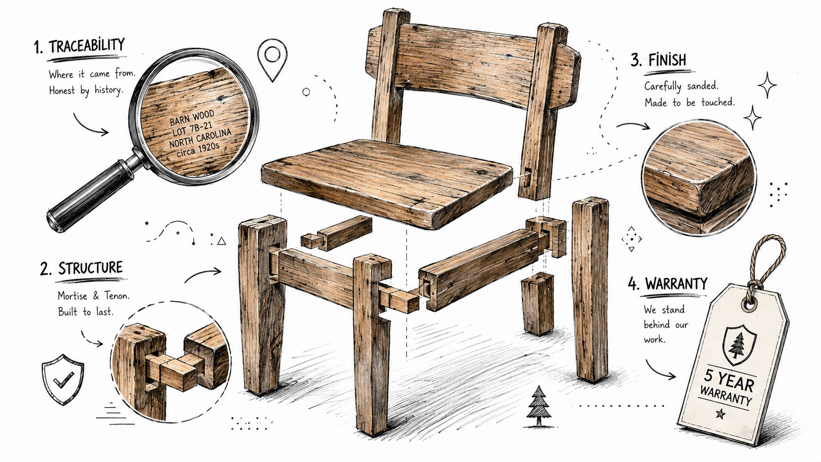 A detailed technical illustration showing the construction and quality features of a reclaimed wood chair.