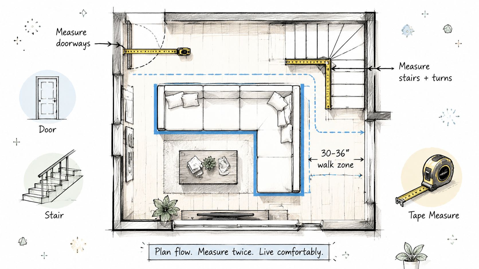 A floor plan sketch showing a sectional sofa layout with measurements for doorways, stairs, and walking paths.