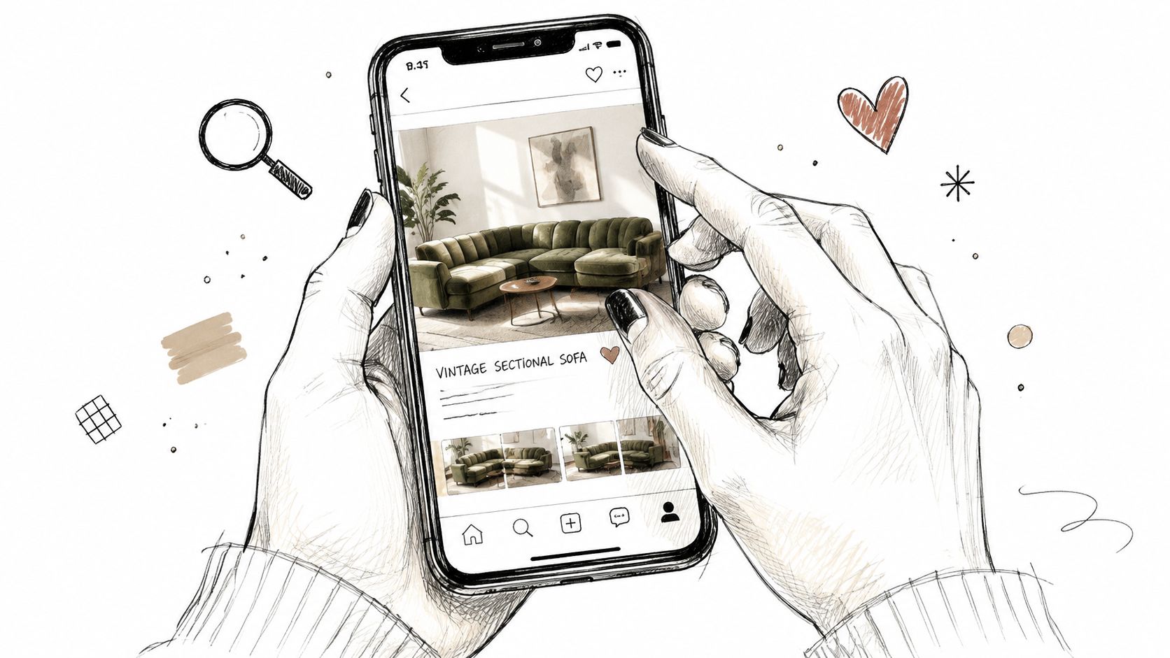 A hand-drawn illustration of hands holding a smartphone displaying a stylish green vintage sectional sofa.