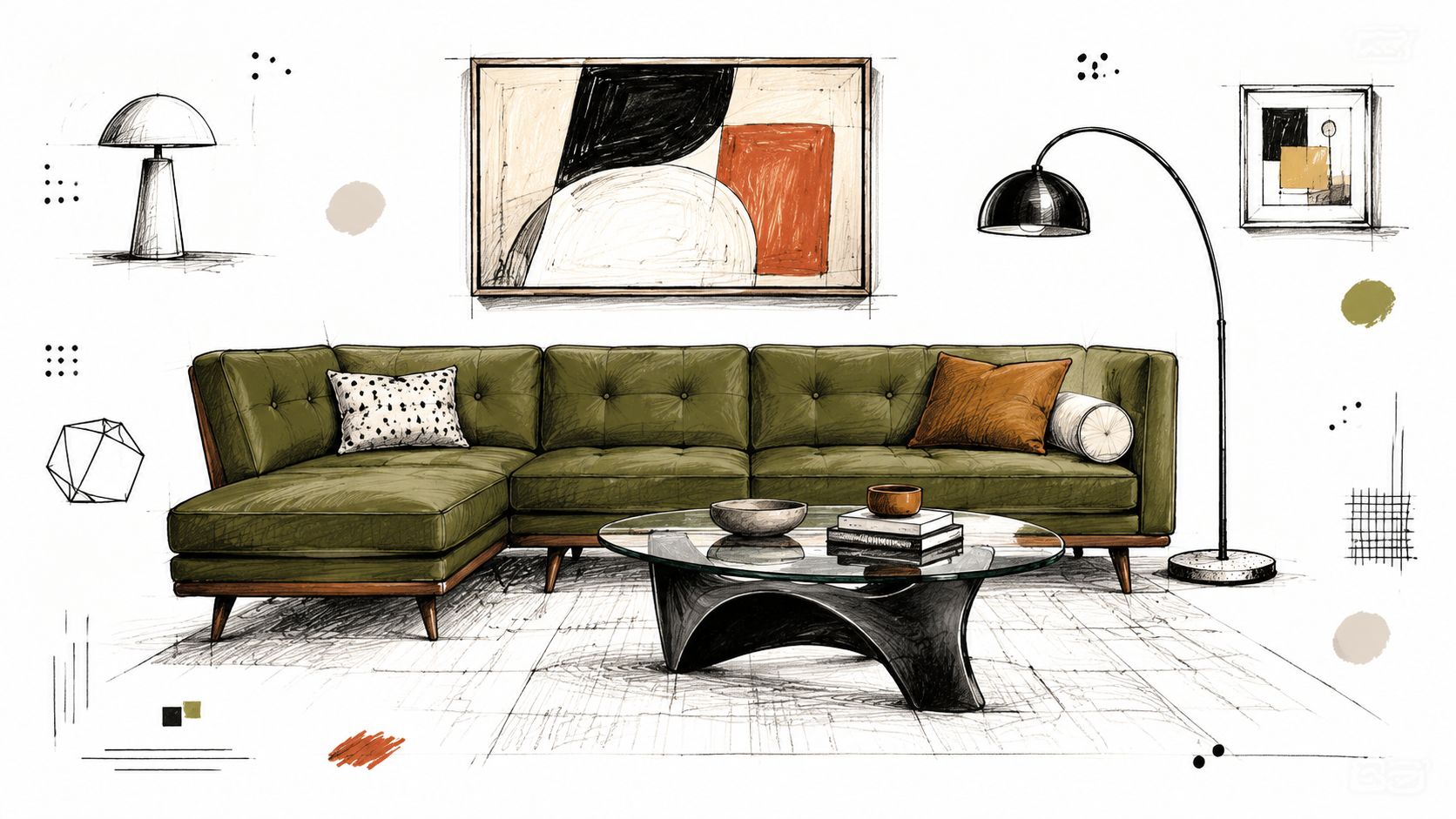 A hand-drawn sketch of a mid-century modern sectional sofa in olive green with a coffee table.