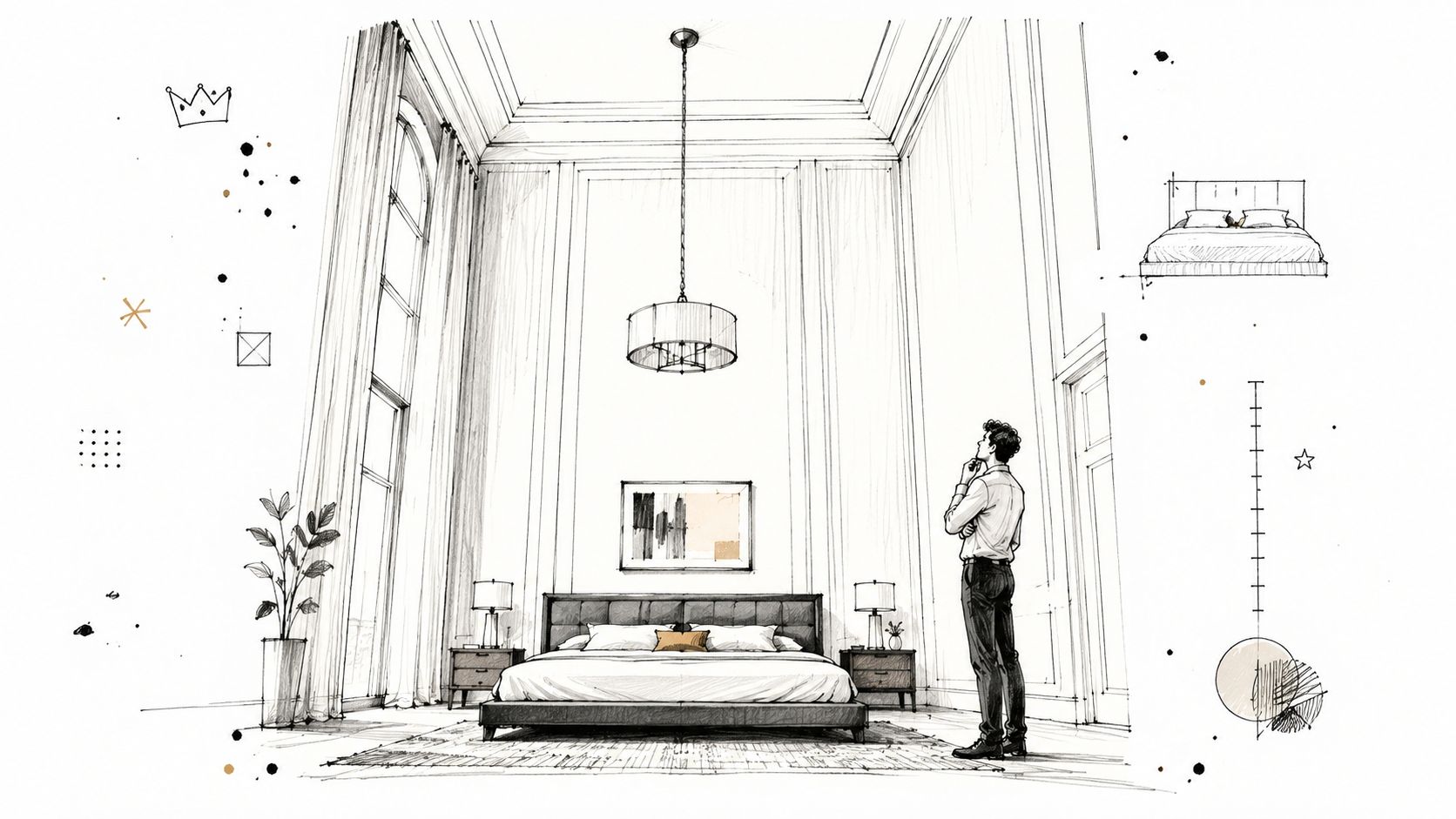 A detailed sketch of a man contemplating a luxurious bedroom featuring a tall ceiling and bed.