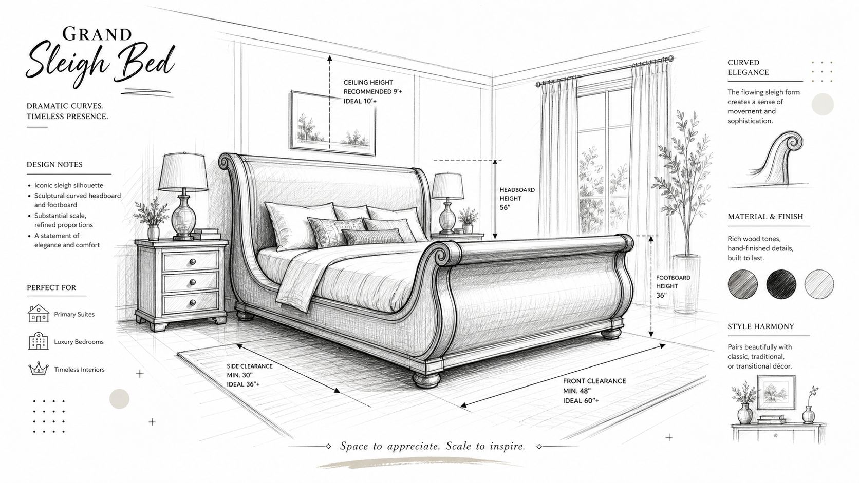 A detailed technical drawing of a grand sleigh bed showing dimensions, clearances, and design features.