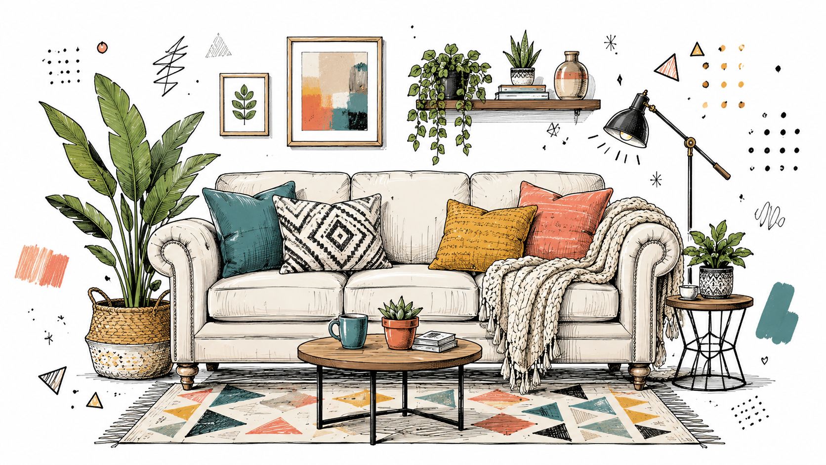 A cozy, traditional style couch decorated with colorful throw pillows and a knitted blanket in a bright room.