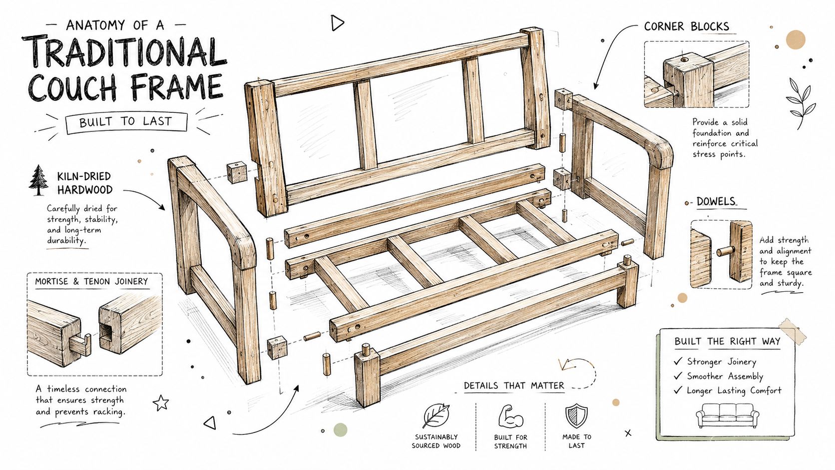 A detailed technical illustration showing the structural components and traditional joinery of a durable wood couch frame.