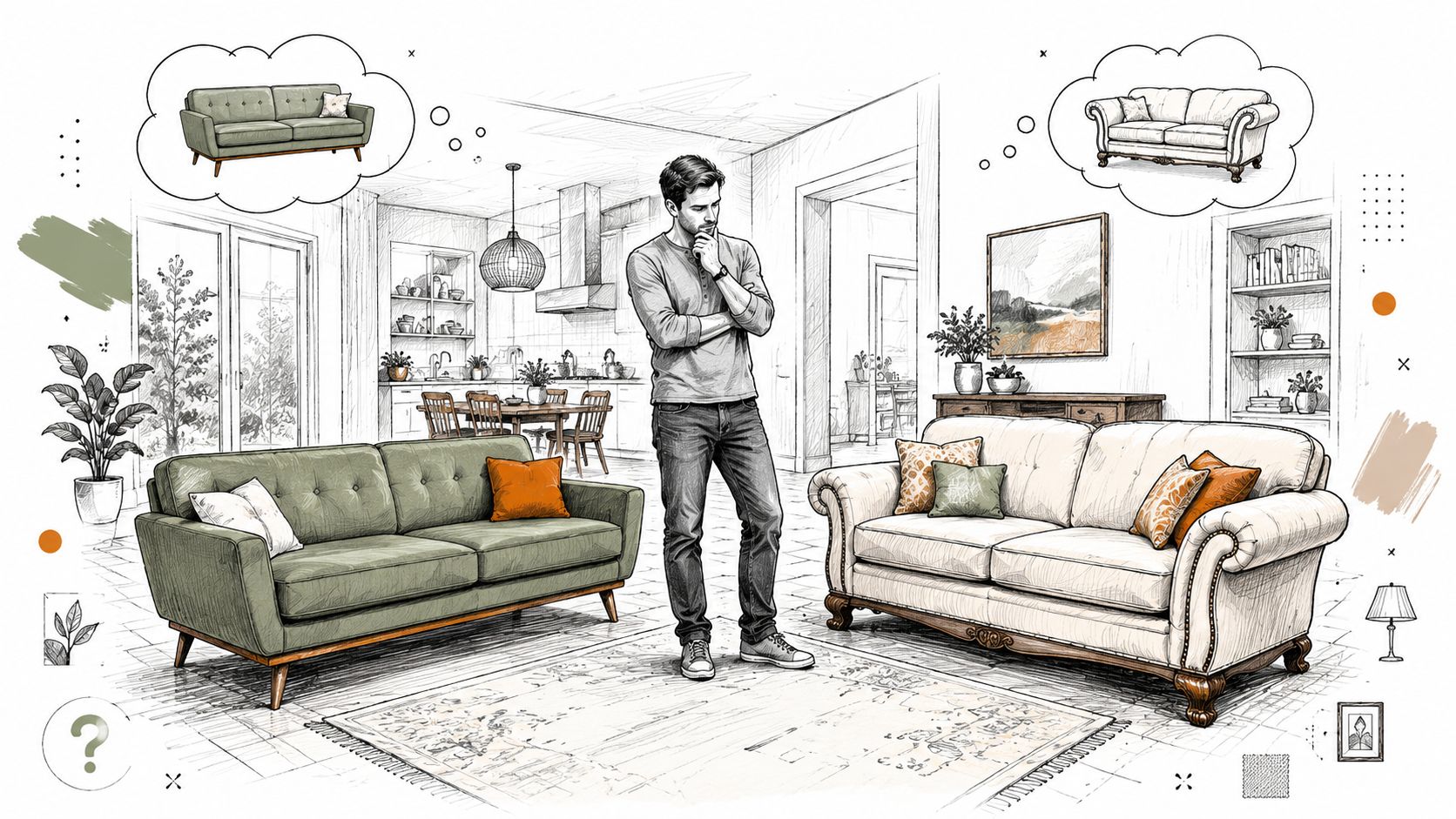 A man standing in a living room, contemplating between a modern green couch and a traditional cream sofa.