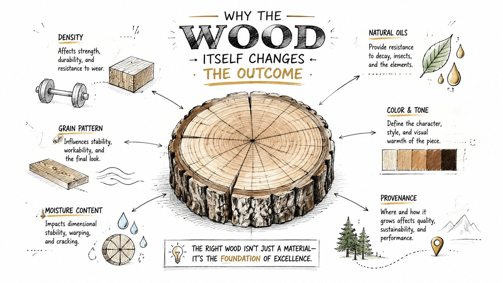 A detailed infographic showing how various wood properties like density, grain, and moisture affect material performance.