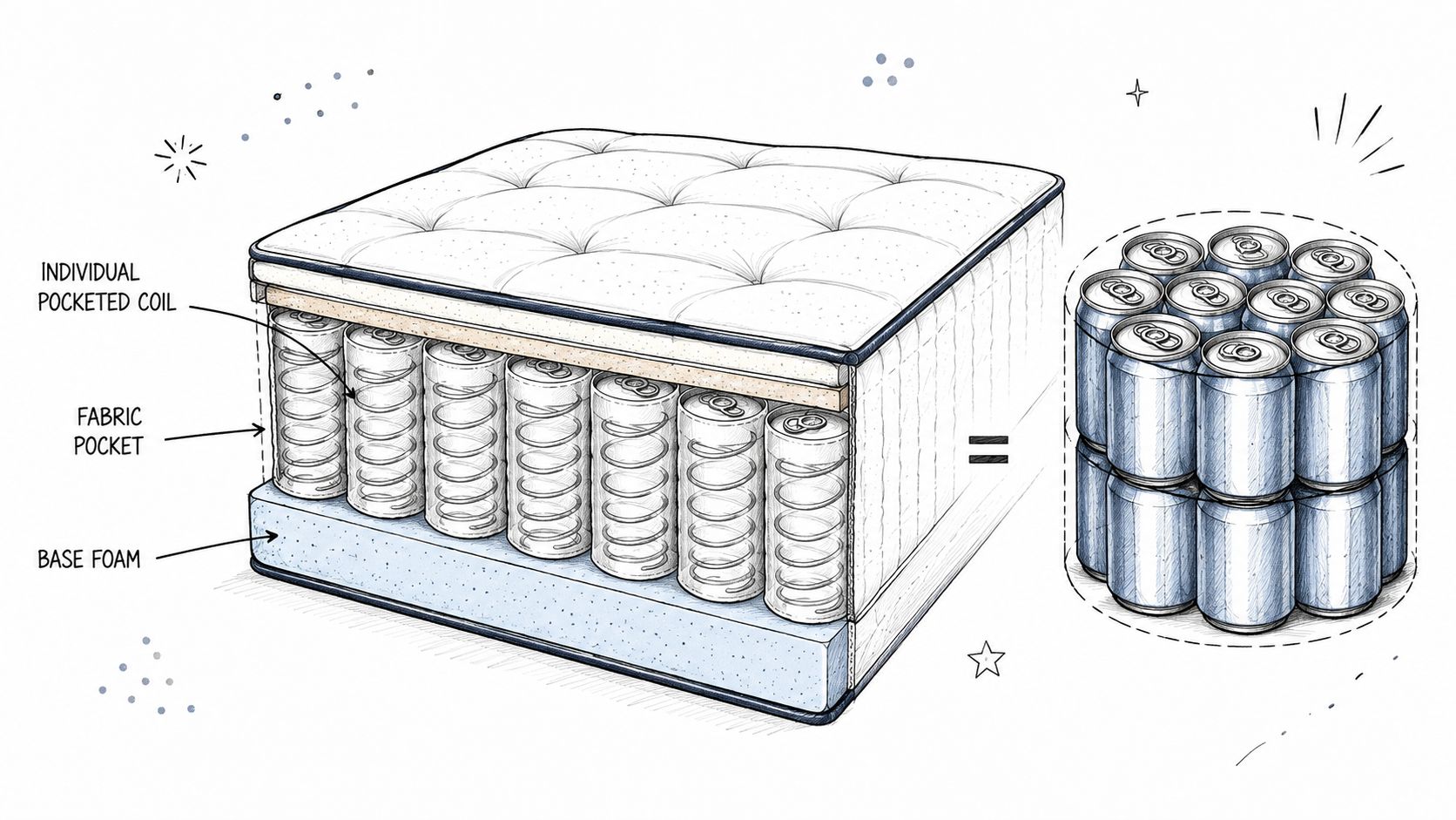 A diagram comparing the structure of a pocketed coil mattress to a group of aluminum cans.