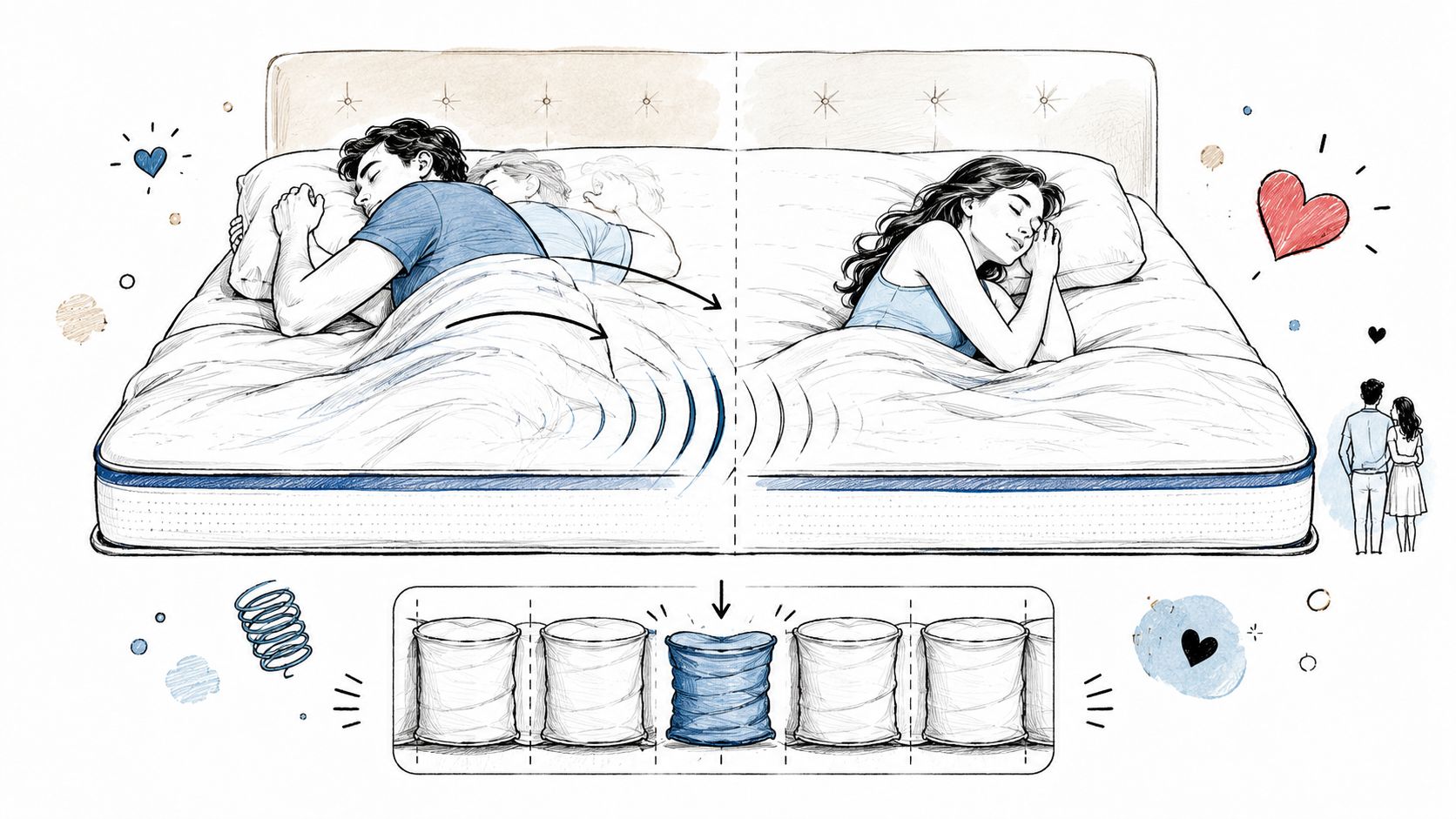 A diagram illustrating how pocketed coil mattresses isolate motion while a couple sleeps on the bed.