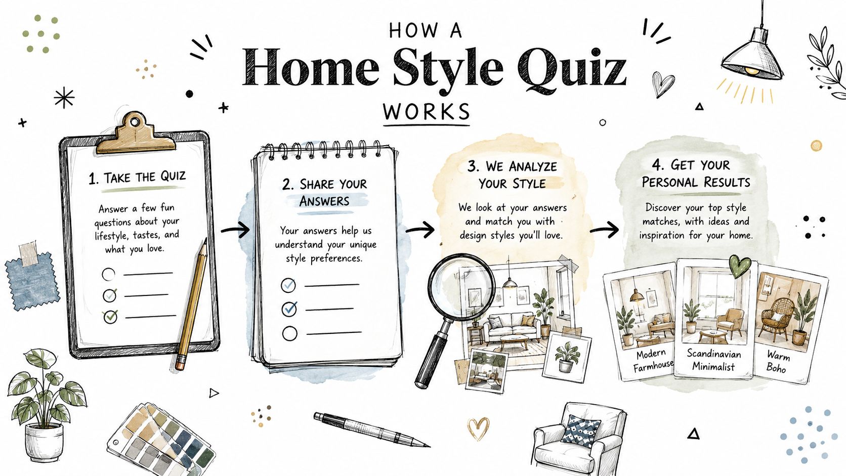 An illustrated infographic explaining the four-step process of taking an online home design style quiz.
