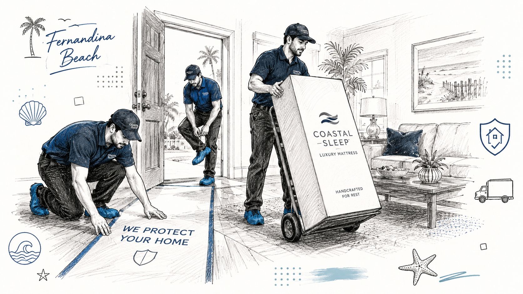 A professional team performs a white glove mattress delivery by covering floors and wearing shoe protectors.