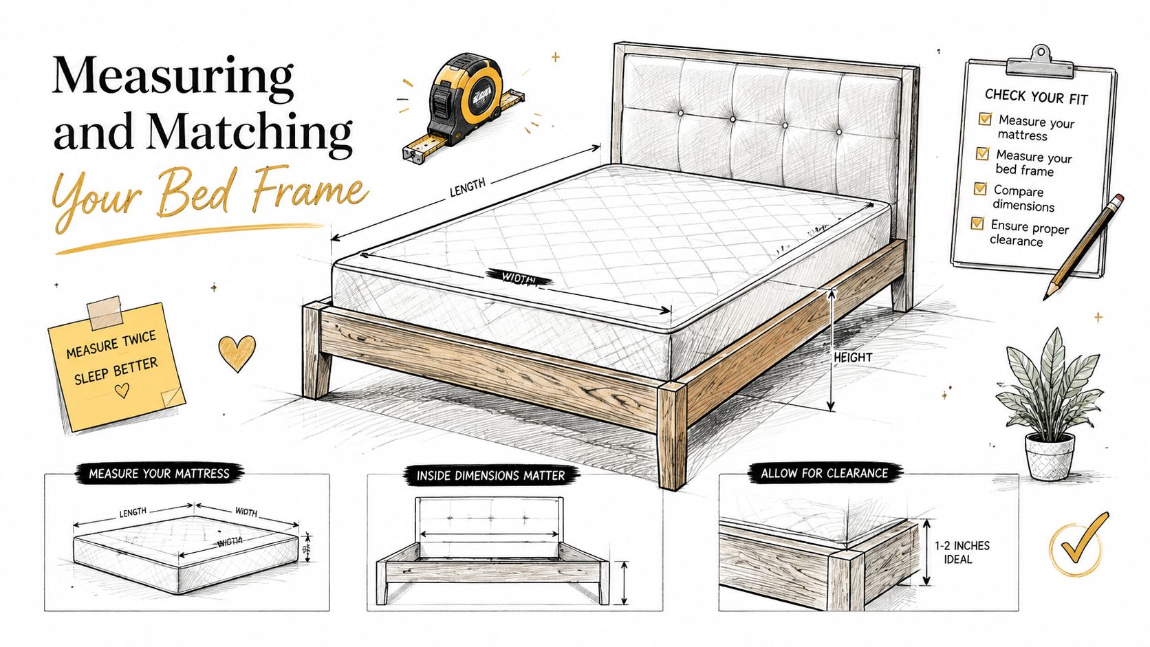 A diagram illustrating the steps and measurements needed for choosing the right size mattress and bed frame.