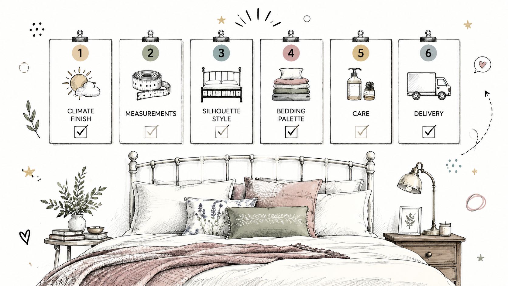 An illustration showing a white metal headboard with a numbered guide for choosing bedroom furniture and decor.