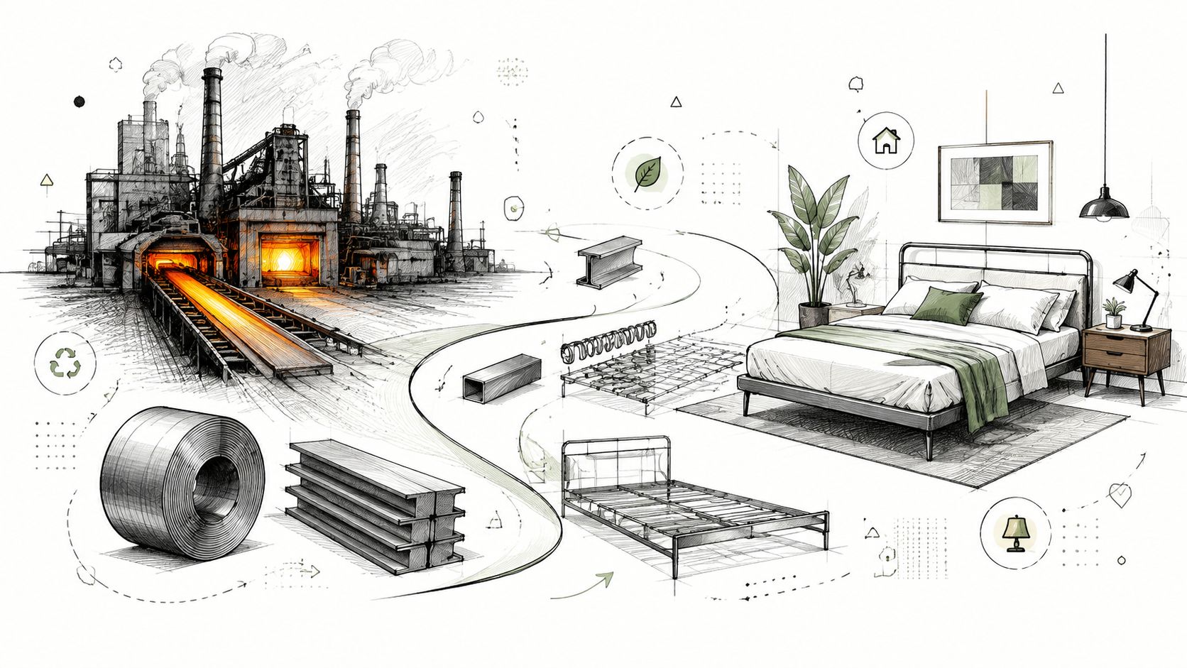 A detailed sketch showing the manufacturing process of metal from a steel mill to a finished bed frame.