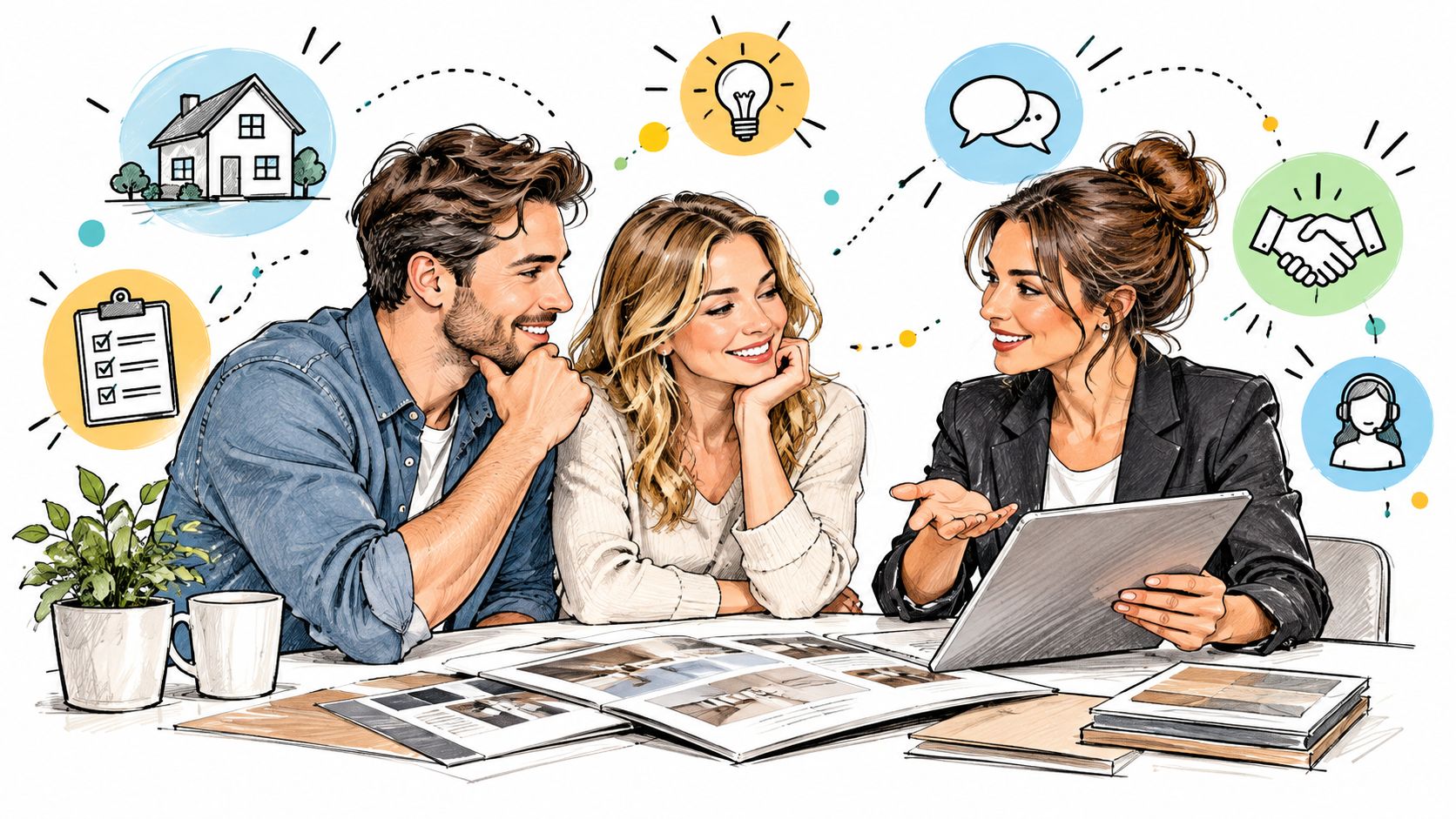 A professional real estate agent discusses home buying options with a young couple using a tablet