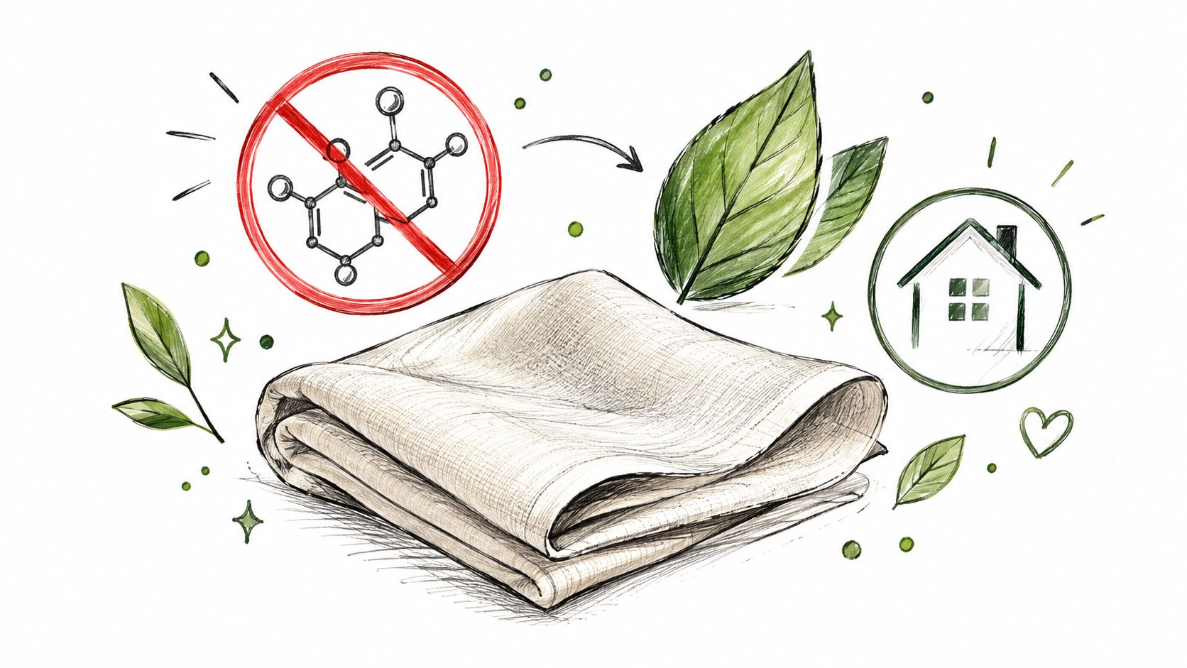 A hand-drawn illustration showing a folded natural fabric cloth, toxic-free symbols, and eco-friendly house icons.