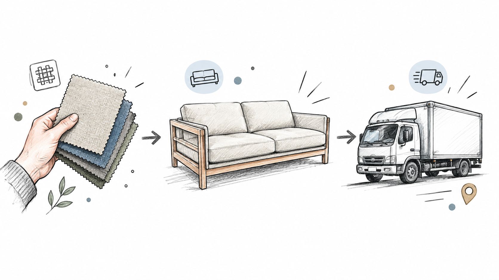 A hand holding fabric samples transitioning into a finished sofa being loaded into a delivery truck.