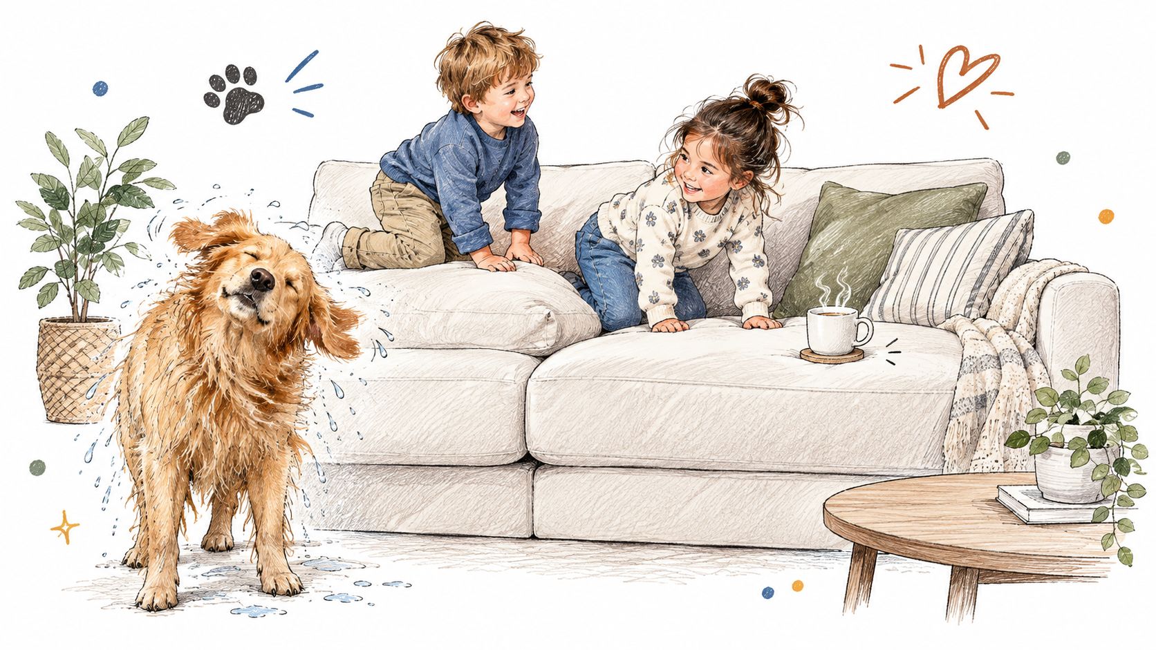 A whimsical illustration of two happy children playing on a couch while a dog shakes off water.
