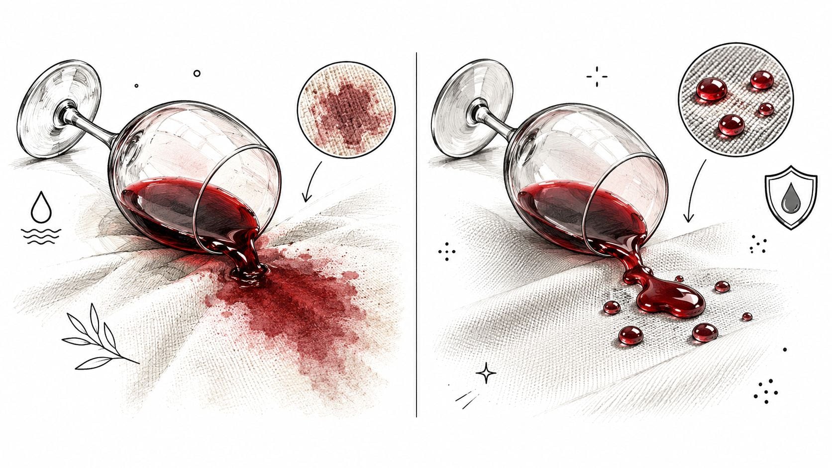 A comparison illustration showing red wine staining ordinary fabric versus beading off high-performance water-resistant textile.