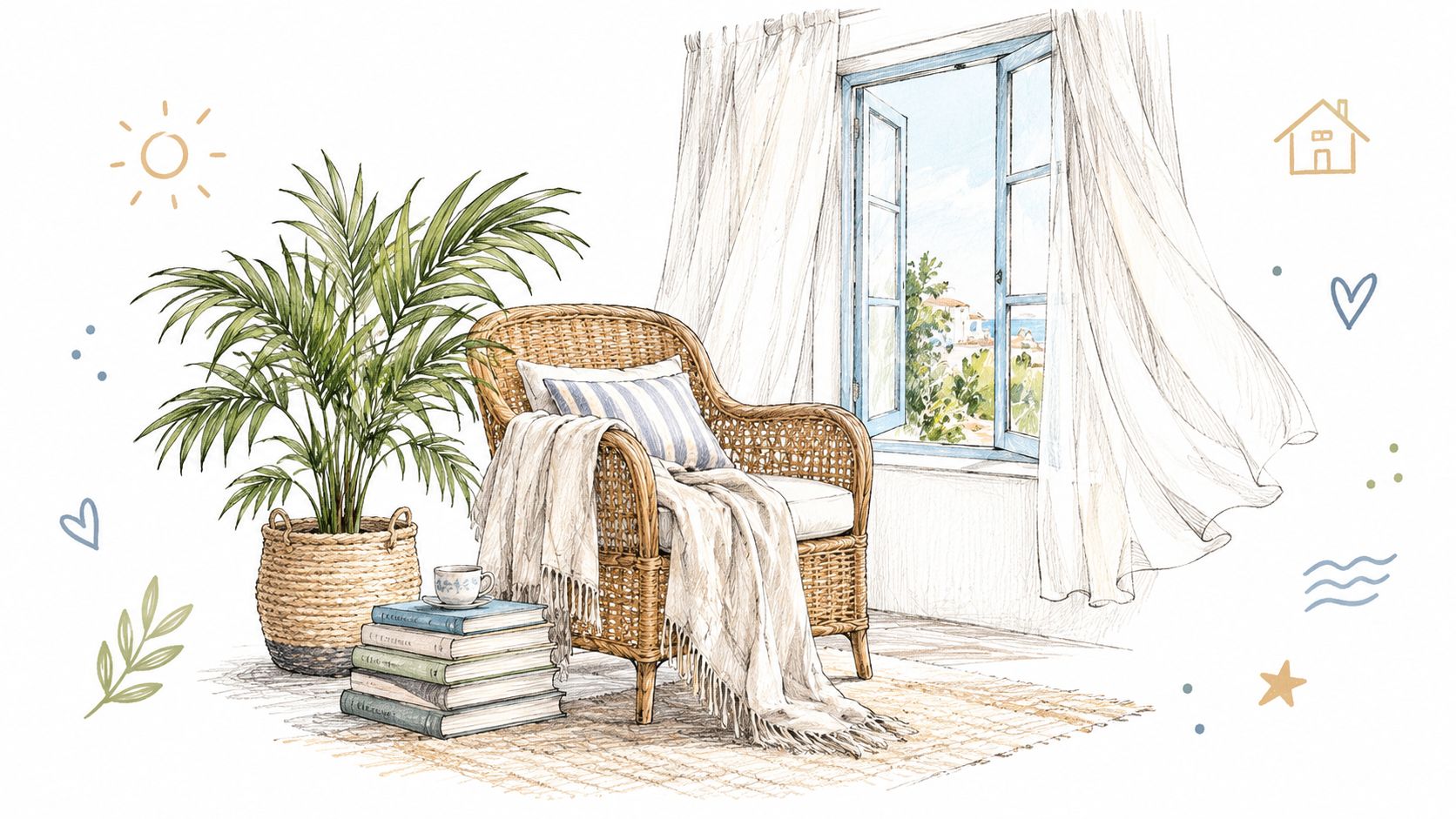 A cozy wicker armchair with a soft throw blanket next to a potted plant and stacked books.
