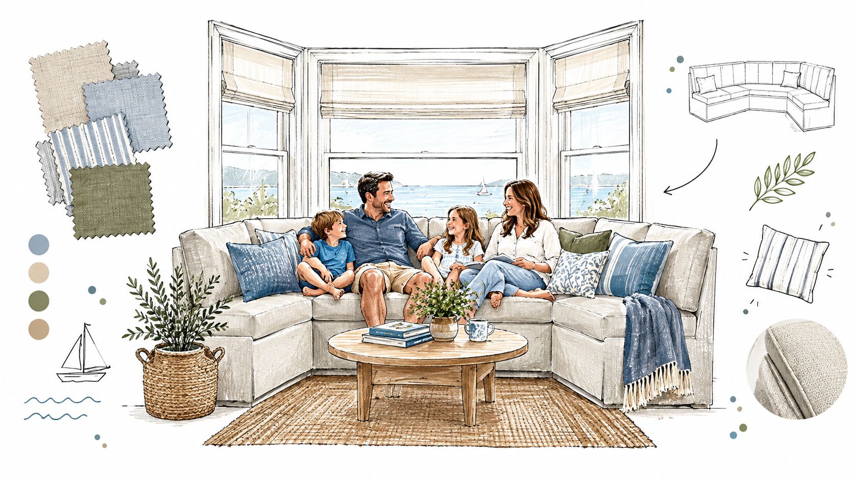 A happy family sitting on a large, comfortable L-shaped custom sofa in a bright, scenic living room.