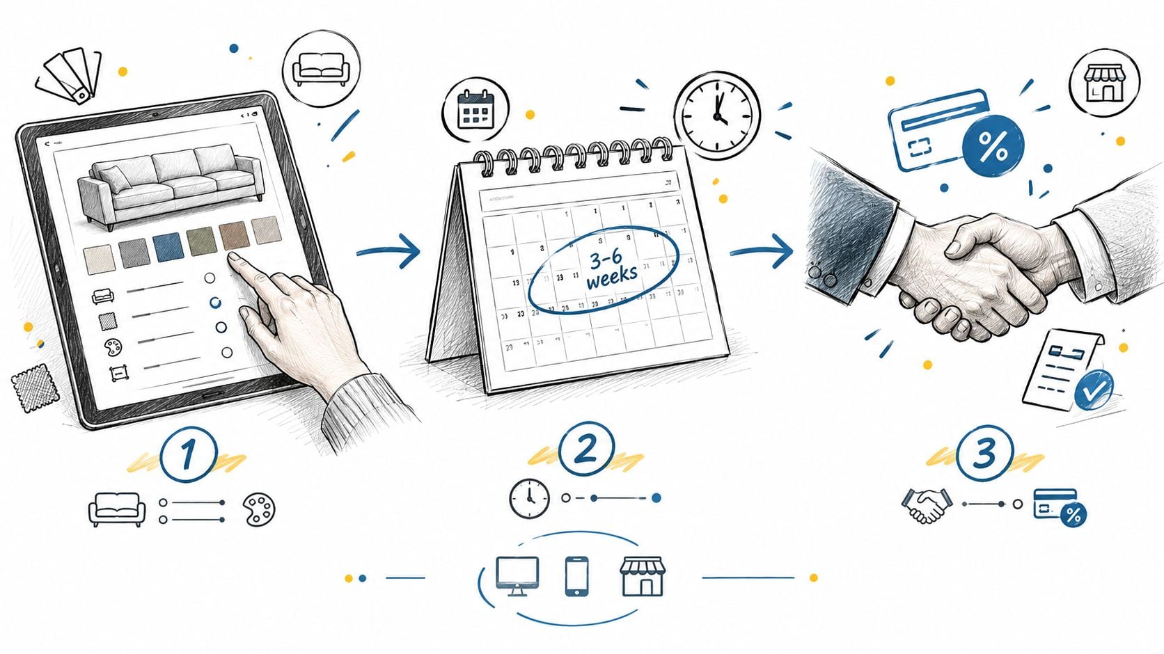 An illustration showing the three-step process of designing, scheduling, and purchasing a custom furniture piece.