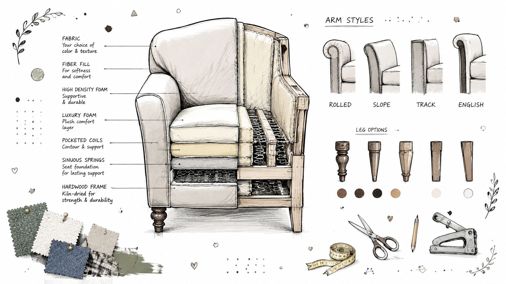 A detailed technical illustration showing the layers and components of a custom upholstered armchair construction.