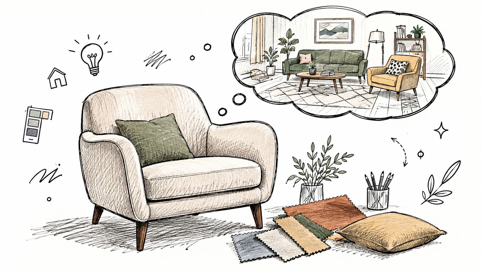 A hand-drawn sketch of a stylish armchair surrounded by fabric swatches and interior design inspiration.