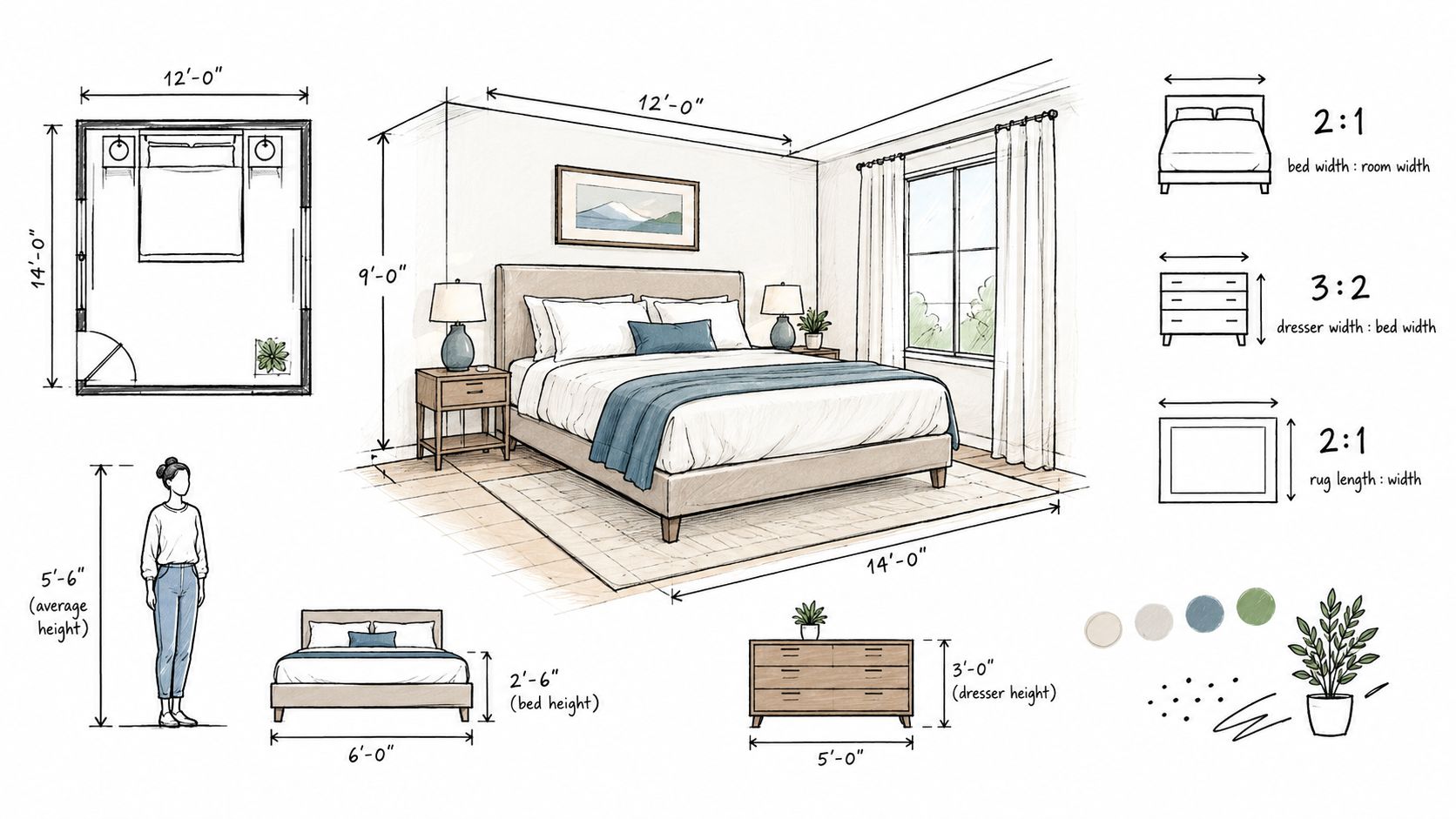A detailed architectural drawing and layout showing a bedroom with a custom upholstered bed and dimensions.