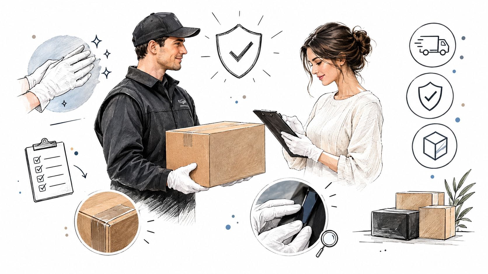 A delivery driver and a customer signing for a package, emphasizing safety, hygiene, and secure shipping protocols.