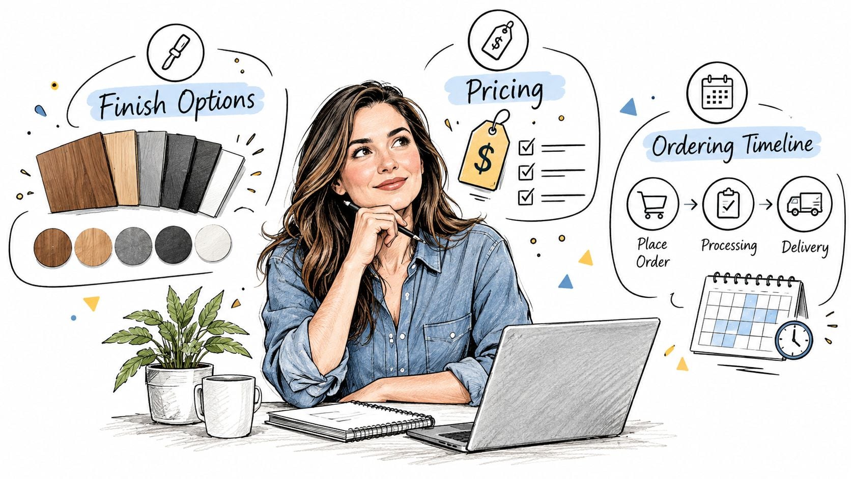 A woman sketching at her desk surrounded by illustrated icons for finish options, pricing, and ordering timeline.