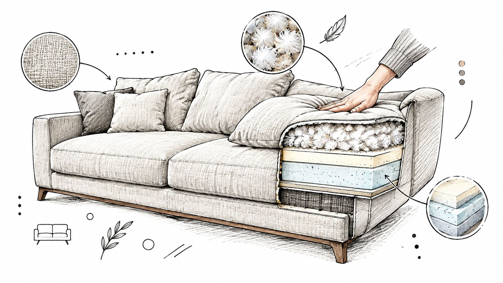 A detailed technical drawing of a custom upholstered sofa showing its internal cushion and frame structure.