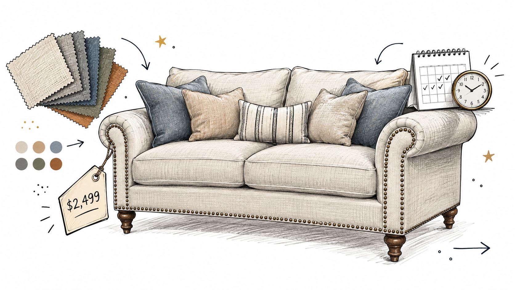 A detailed illustration of a custom upholstered sofa with fabric swatches, a price tag, and a calendar.
