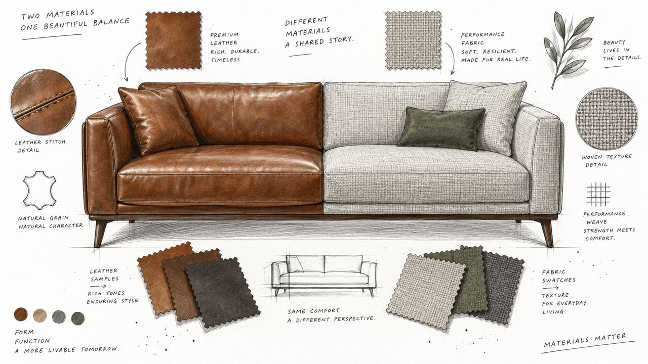 A design sketch showing a sofa upholstered with a combination of premium brown leather and textured fabric.