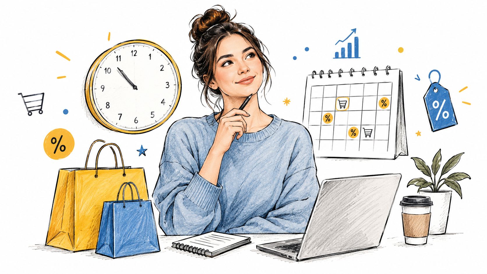 A woman planning shopping strategy with a laptop, calendar, shopping bags, and clock in a sketch style.