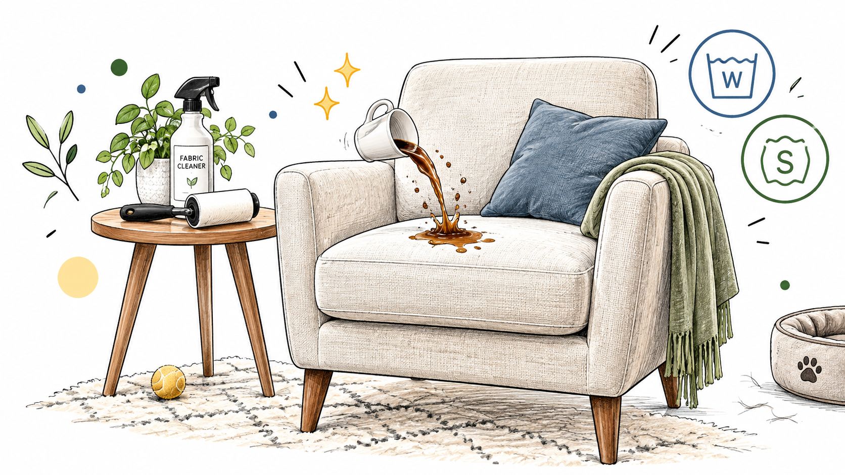 A cup of coffee spilling onto an armchair with cleaning tools nearby and fabric care symbols.